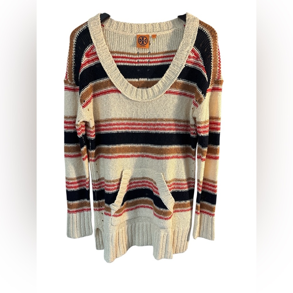 Tory Burch Striped Linen Blend Spring Sweater Sz Med Pocket Tunic Southwestern